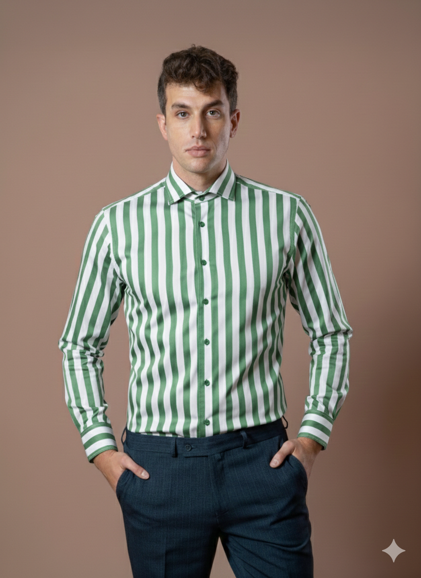 Muška košulja bela sa tamno maslinasto zelenim prugama,slim fit