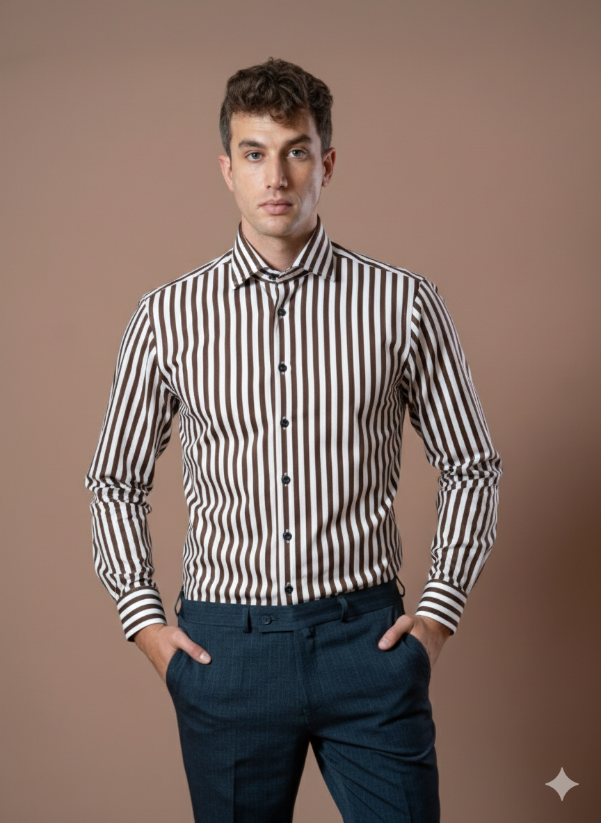 Muška košulja bela sa braon širim prugama,slim fit