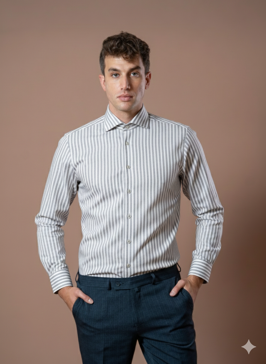 Muška košulja bela sa bež širim prugama,slim fit