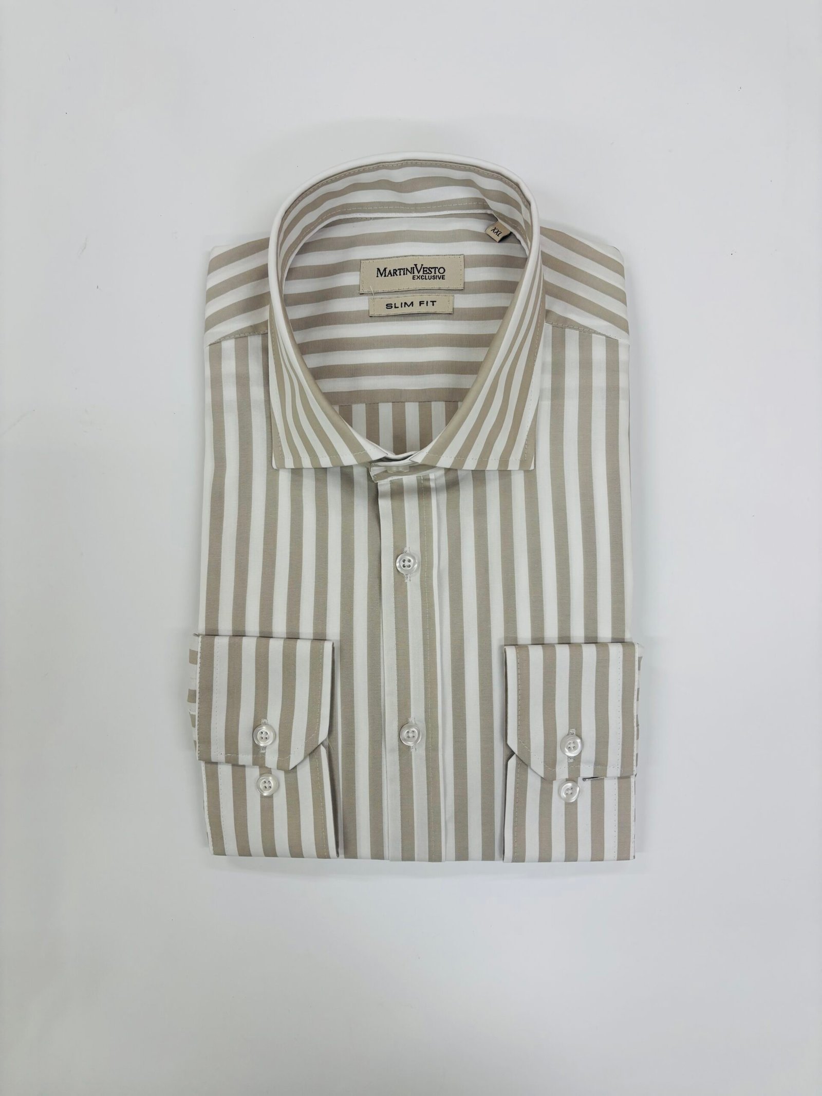 Muška košulja bela sa bež širim prugama,slim fit - Image 2