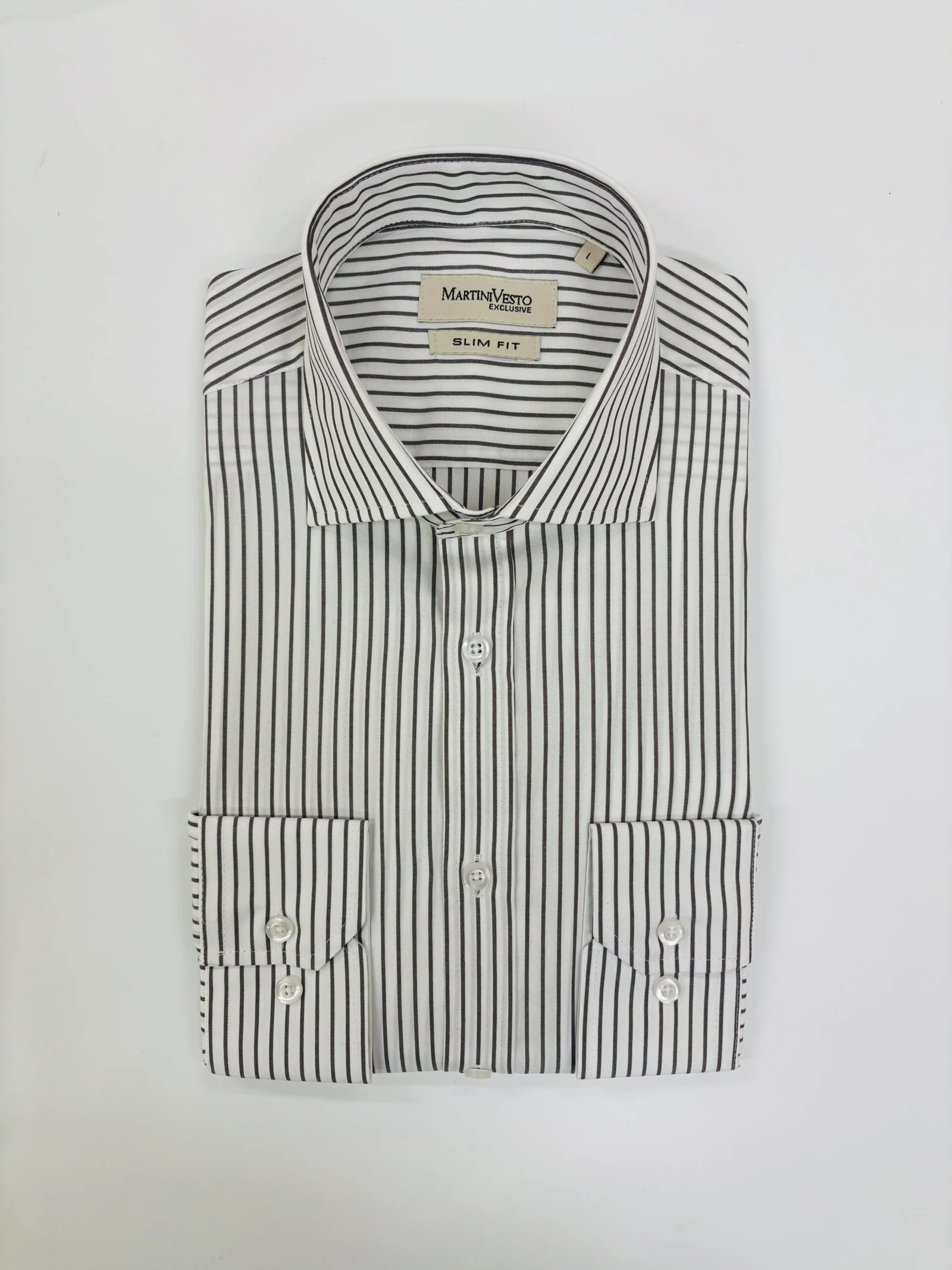 Muška košulja bela sa braon užim prugama,slim fit - Image 2