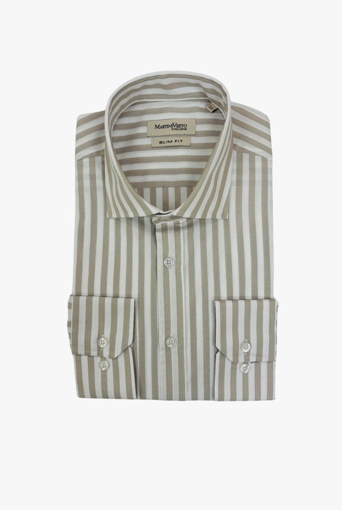 Muška košulja bela sa bež širim prugama,slim fit - Image 2