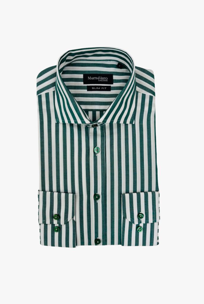 Muška košulja bela sa tamno maslinasto zelenim prugama,slim fit - Image 2