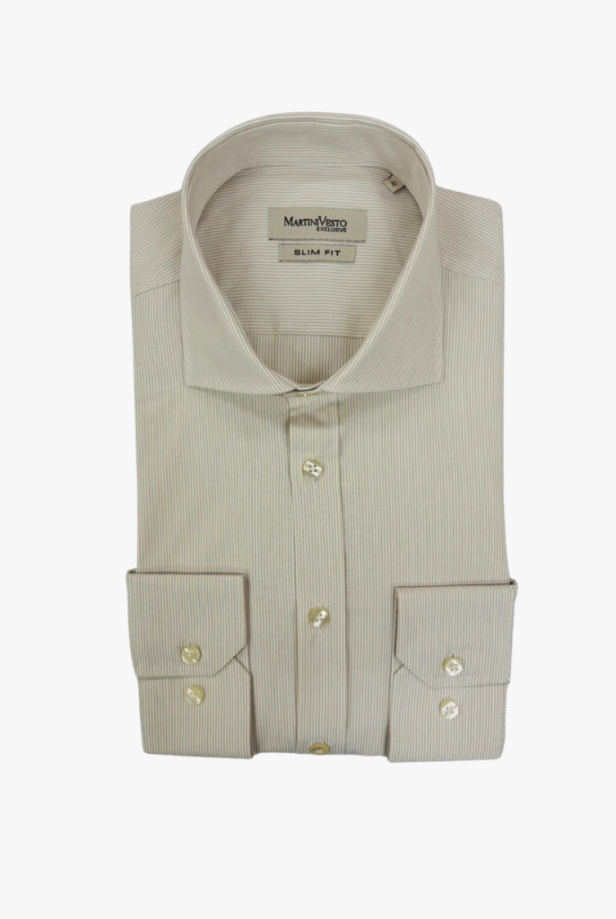 Muška košulja bela sa svetlobraon prugama,slim fit - Image 2