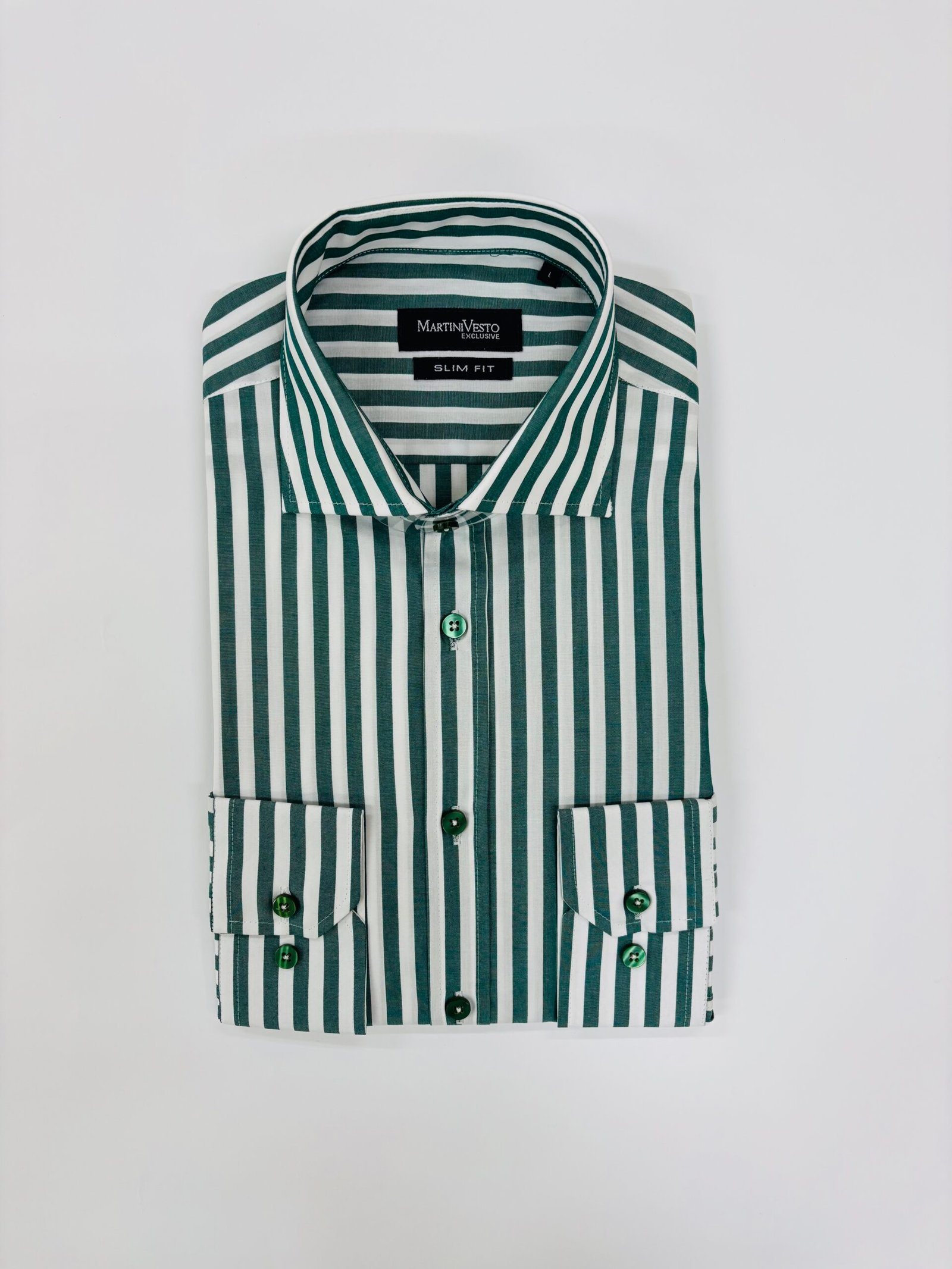 Muška košulja bela sa tamno maslinasto zelenim prugama,slim fit - Image 2