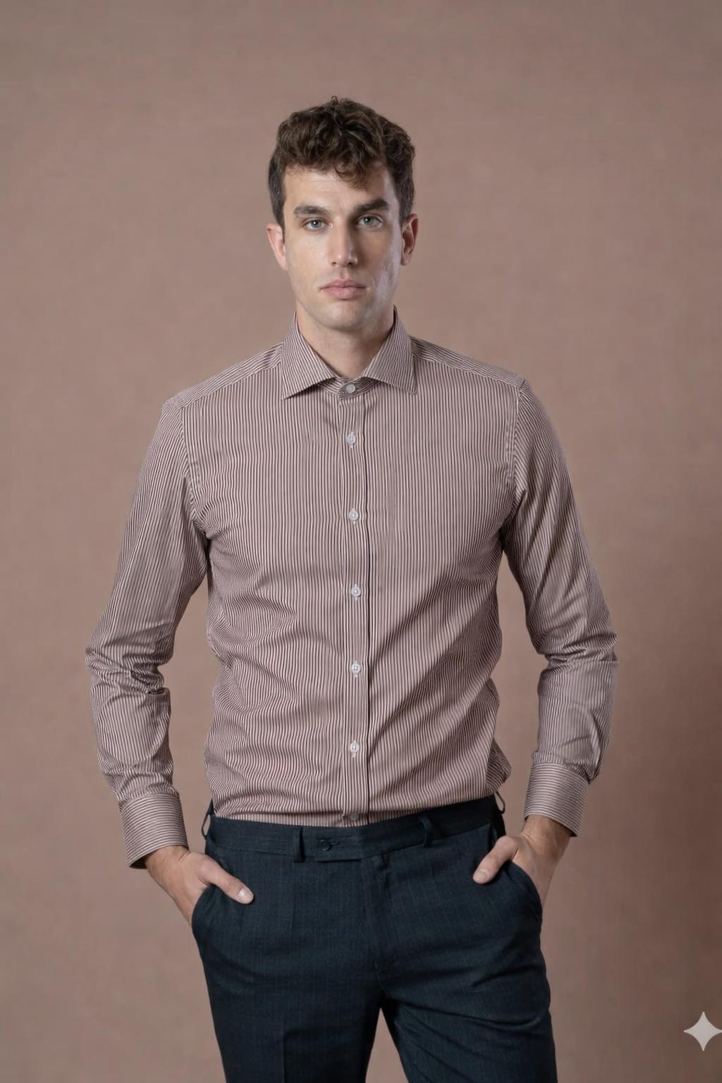 Muška košulja bela sa tamnobraon prugama,slim fit