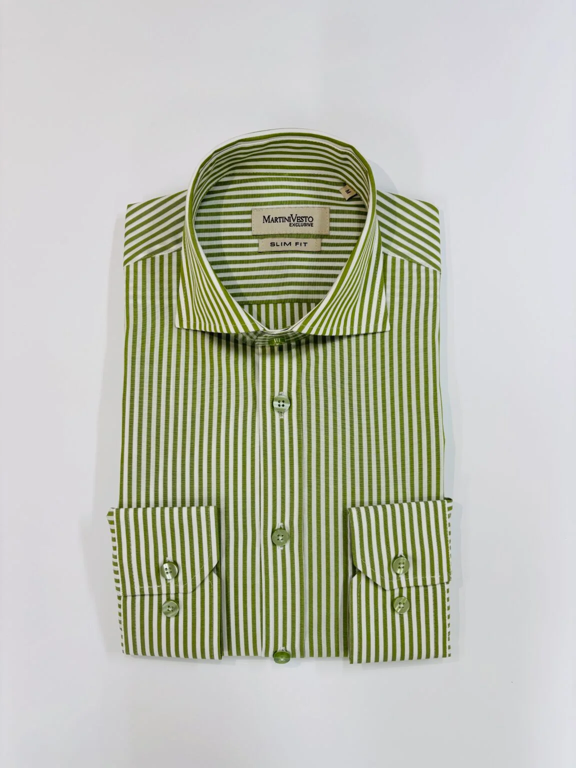 Muška košulja bela sa maslinasto pastilnim zelenim prugama,slim fit - Image 2