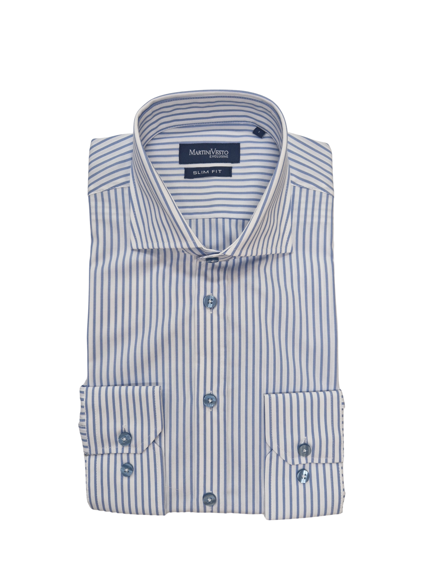 Muška košulja bela sa širim svetloplavim prugama,slim fit - Image 2