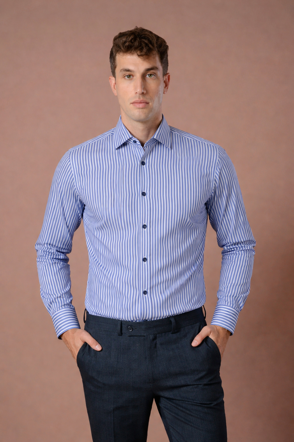 Muška košulja bela sa svetloplavim prugama,slim fit