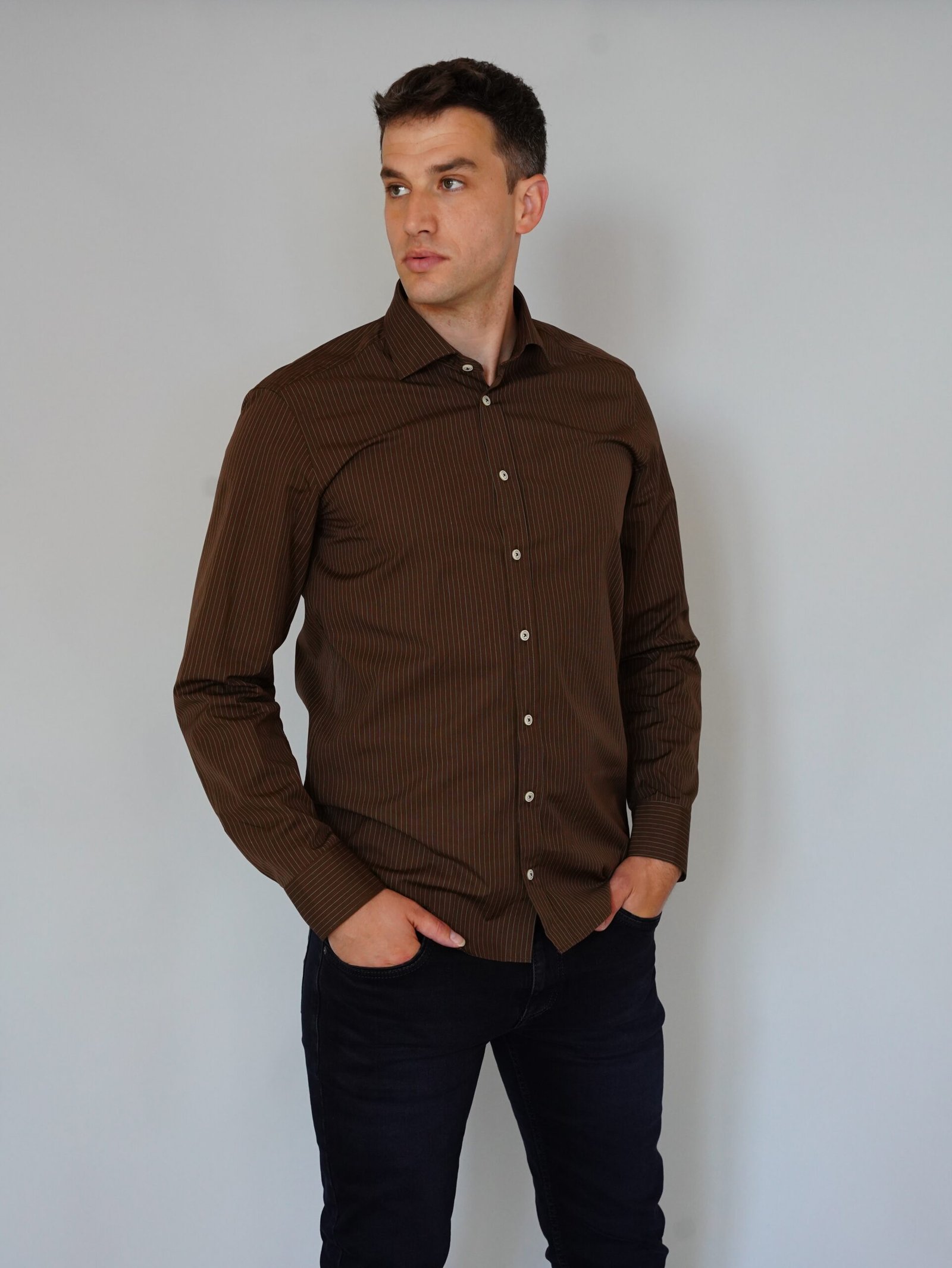 Muška košulja braon sa prugama,slim fit - Image 3